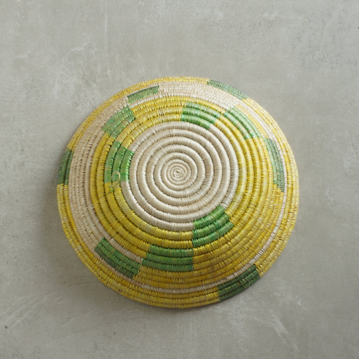 Rwandan handcrafted basketry bowl- yellow and green-back